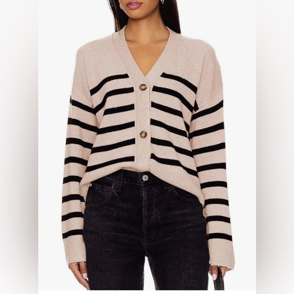 V Neck Striped Cardigan - Cream and Black